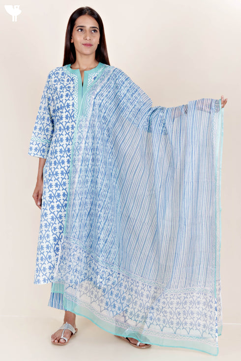 Cambric Cotton Kurta And Pant Set With Kota Dupatta In Block Print